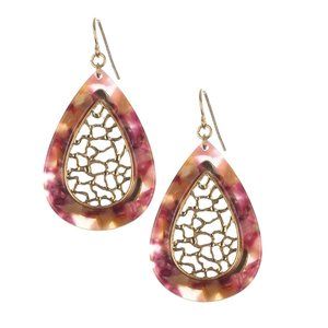 Red Matte Finish Metal Filigree Teardrop Natural Stone Finish Earrings